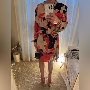 Reiss Pink and Black Bishop Sleeve Dress